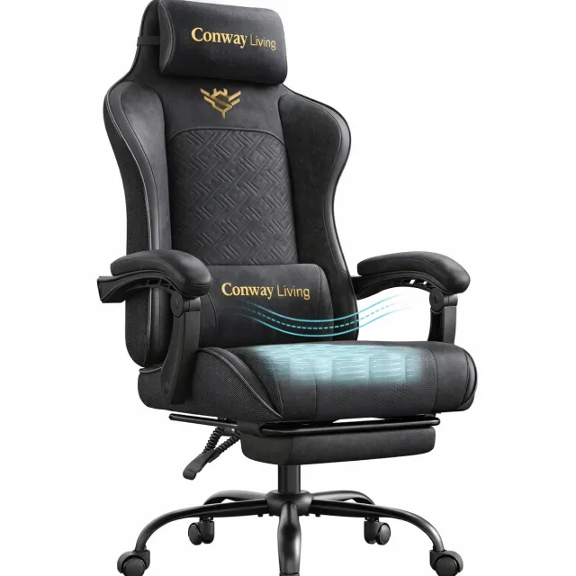 Conway Living Bureaustoel Ergonomisch met Verstelbare | Gaming Stoel | Rugleuning 90–135° | Kunstleer | Hoofd- & Lendekussen | Uitschuifbare Voetensteun | Ademend PU | Zwart