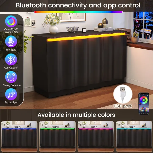 COVREO Buffetkast met Bluetooth LED – 120x35x69,5 cm – Sideboard met 3 deuren – Opbergkast voor woonkamer – Zwart
