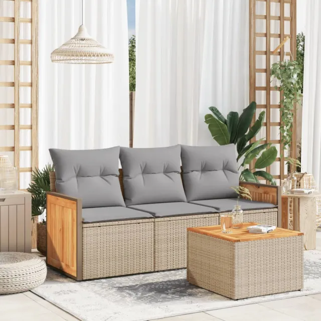 vidaXL 4-delige Loungeset met kussens poly rattan beige, foto 2