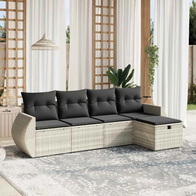 vidaXL 5-delige Loungeset met kussens poly rattan lichtgrijs grijs, foto 2