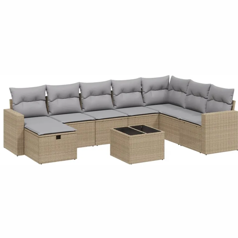 vidaXL 9-delige Loungeset met kussens poly rattan gemengd beige
