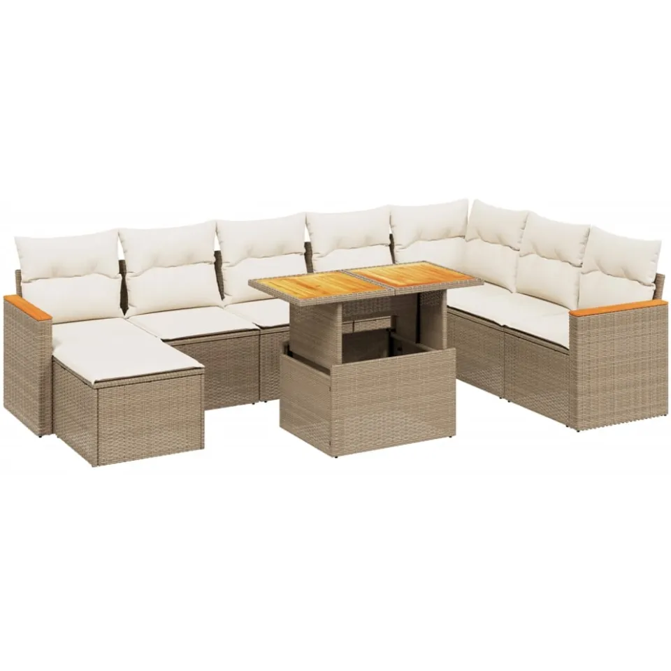 vidaXL 9-delige Loungeset met kussens poly rattan beige, foto 3
