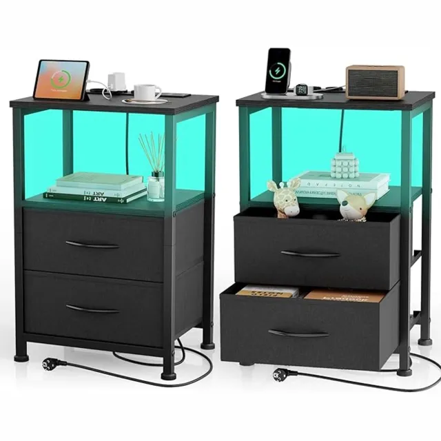Thuys Nachtkastjes Set van 2 – Met LED-verlichting, 3 AC-stopcontacten & 2 USB-poorten – Bijzettafels met Laden en Opbergvakken – Slaapkamer & Woonkamer – Zwart