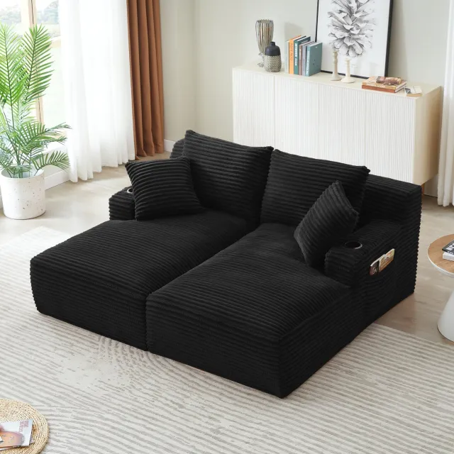 Wishdor Tweepersoons slaapbank - Dubbele chaise longue met bekerhouders - Zonder montage, zet uit na uitpakken - Voor woonkamer slaapkamer en leeshoek - Corduroy - Zwart - 157 x 180 x 84 cm