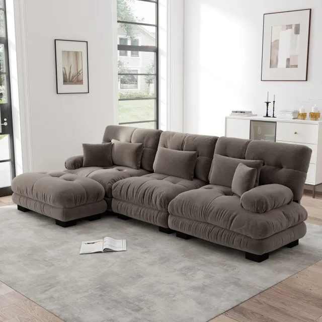 MIVRAY Hoekbank Zonder Maten - Modulair Met Verplaatsbare Ottomans - Voor Woonkamer En Kantoor - Chenille Bruin