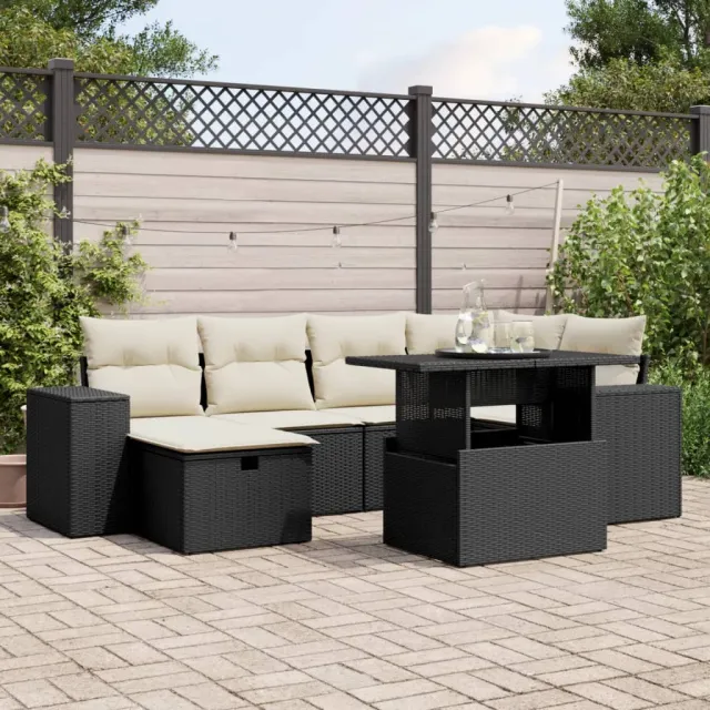 vidaXL 7-delige Loungeset met kussens poly rattan zwart, foto 2