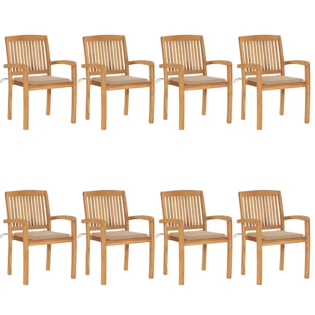 vidaXL Tuinstoelen stapelbaar 8 st met kussens massief teakhout Beige