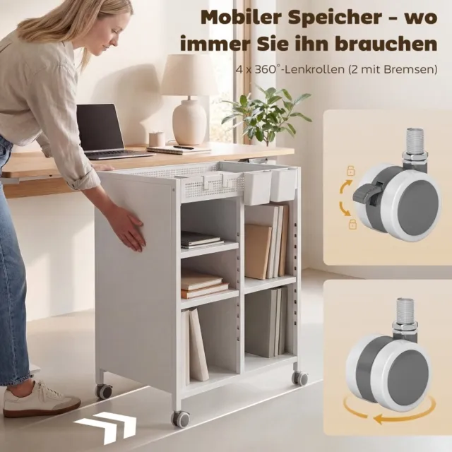 WUVRIE Boekenkast op wielen 53x34x69,5 cm - 4 niveaus met verstelbare planken en hangmanden - Wit