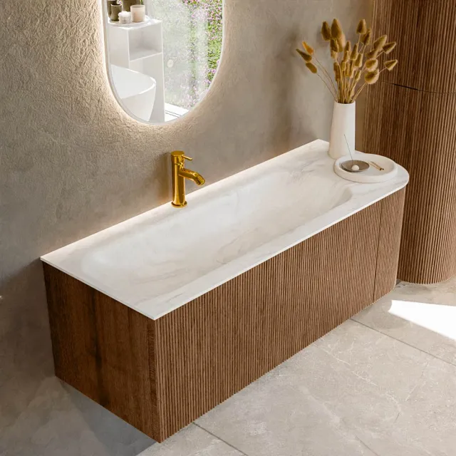 Mondiaz KURVE-DLUX 125 cm Onderkast Greeploos 1 Lade Met Deuren Walnut, Wastafel Solid Surface Links Ostra 1 Kraangat Zonder Spiegel (KRVBGM125R1L1D1KL-Wal/Ost)