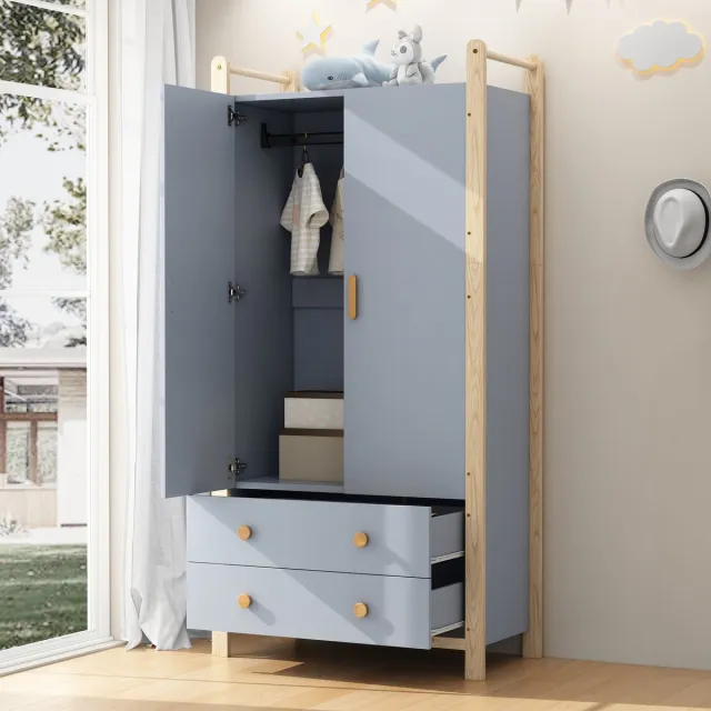 in& out door furniture 2-deurs kleerkast, Kleerkast met kleerhangstang, 2 lades, geschikt voor slaapkamer, woonkamer, hal, gemaakt van spaanplaat, blauwe kast + vuren frame, 90×45×180cm Blauw + Natuur (hout)