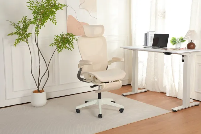 REDOM Bureaustoel - Opklapbare rugleuning - Kantelfunctie - 3D verstelbare hoofdsteun - Mesh - Crème - 62 x 48,5 x 129 cm