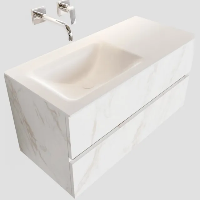 Boss & Wessing Badkamermeubel BWS Valencia Carrara Mat 100 cm Solid Surface Wastafel Links (0 kraangaten, 2 lades)