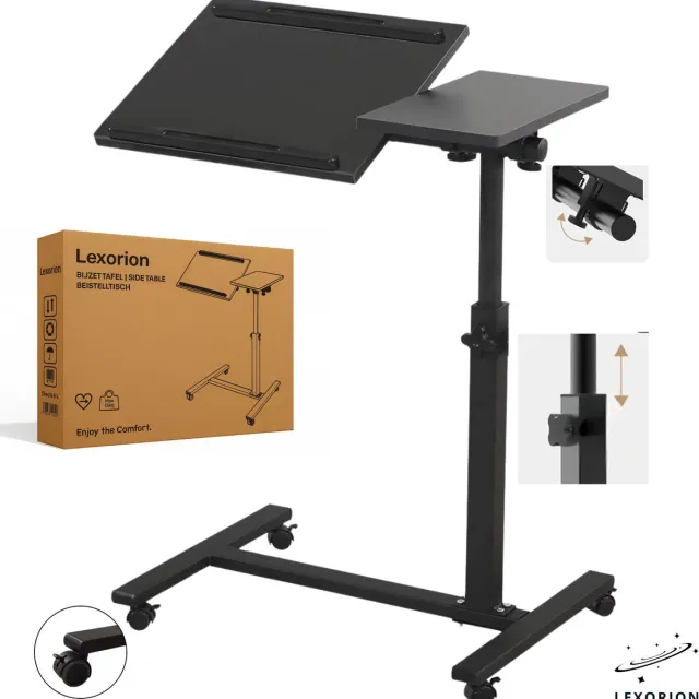 Lexorion Laptoptafel met Wielen – Verstelbare Bedtafel & Bijzettafel – Kantelbaar Tafelblad – Hoogte Verstelbaar – Ergonomisch Ontwerp – Zwart