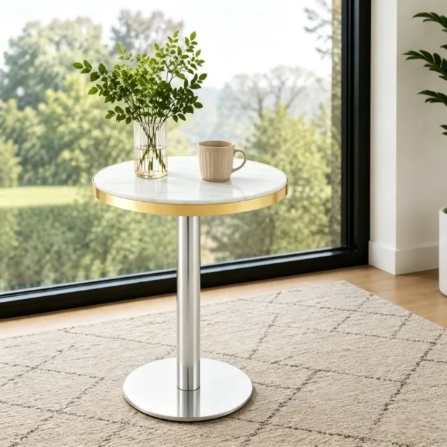 DESMIU Bijzettafel - Ronde Marmerlook Tafel Met Gouden Rand - Voor Woonkamer Slaapkamer Of Balkon - MDF En Metaal - 60 x 60 x 73,7 Cm - Wit
