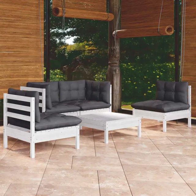 vidaXL 5-delige Loungeset met kussens massief grenenhout Wit