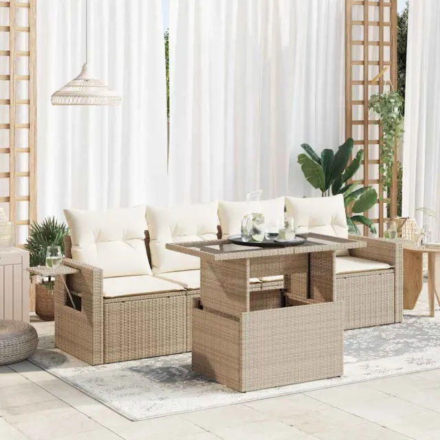 vidaXL 5-delige Loungeset met kussens poly rattan beige, foto 2