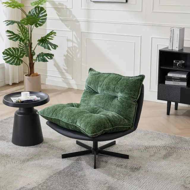 FloraGrace Relaxfauteuil 81 Cm - 3-Standen Verstelbare Rugleuning En 360 Graden Draaibaar - Voor Leeshoek Of Lounge - Chenille En Metaal - Donkergroen Zwart