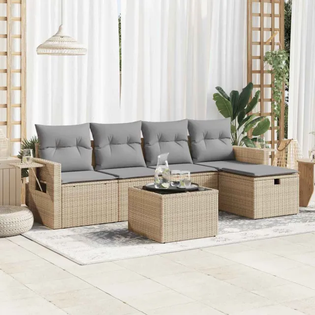 vidaXL 6-delige Loungeset met kussens poly rattan beige, foto 2
