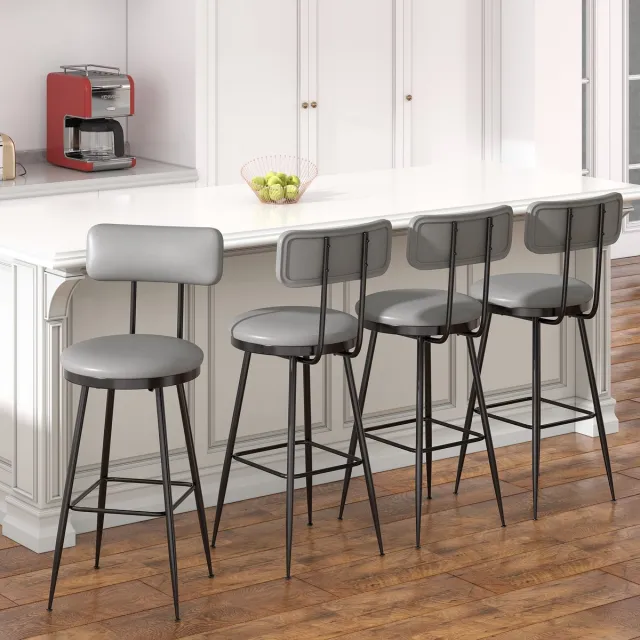 ROSAHQNDA Set van 4 hoge barkrukken, PU-leren stoel met rugleuning, moderne stijl, metalen poten Grijs-4 stuks
