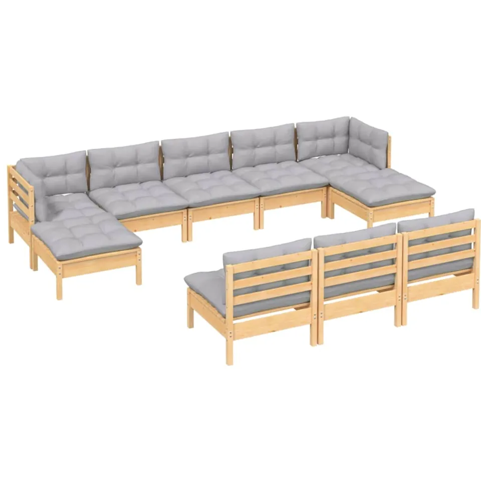 vidaXL 10-delige Loungeset met grijze kussens grenenhout Grijs