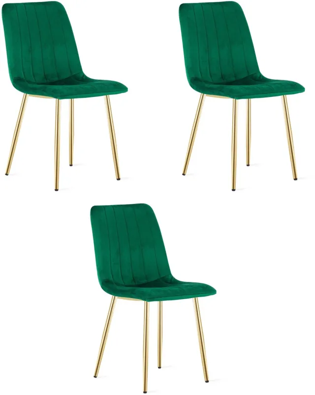 Oskar LAVA Eetkamerstoelen – Set van 3 – Groen Velvet – Goudkleurige Metalen Poten – Comfortabele Gestoffeerde Zitting – Modern Design – Velvet Stoel voor Woonkamer, Keuken en Eetkamer – Max. 110 kg per Stoel