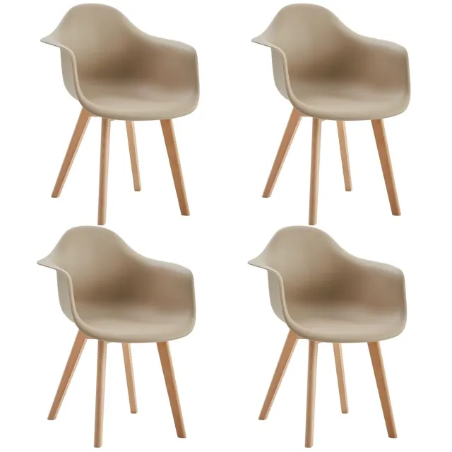 Whoopr® Set van 4 Scandinavische Eetkamerstoelen met Armleuningen – Retro Design Kuipstoelen met Beukenhouten Poten – Moderne Kunststof Stoelen voor Eetkamer & Woonkamer Khaki