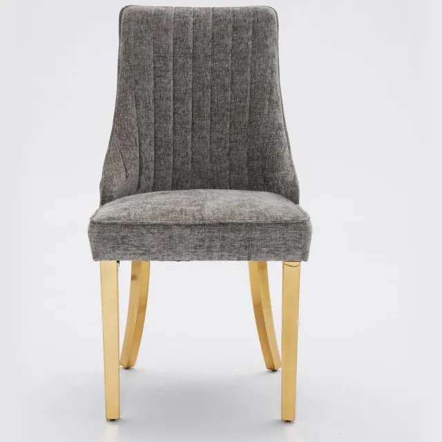Greenlogic Grijs chenille tweepersoons eetkamerstoel rubberhout vergulde poten eetkamer hoog draagvermogen