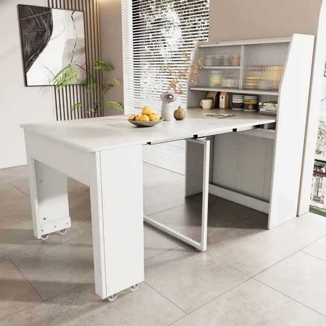 DESMIU Uitschuifbare Eettafel Met Opbergruimte En Glasvak Voor Eetkamer En Woonkamer Wit Spaanplaat 52 Tot 132,5 X 80 X 76 Cm