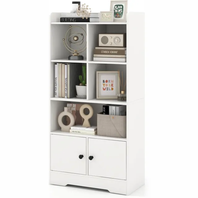 Costway Boekenkast met 2 deuren en 5 vakken, witte boekenkast van hout, staand rek, vrijstaand, kantoorrek, opbergrek voor woonkamer, slaapkamer, 60 x 29,5 x 120 cm