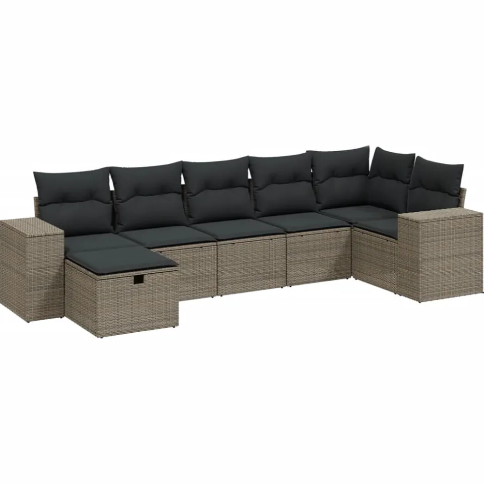 vidaXL 7-delige Loungeset met kussens poly rattan lichtgrijs grijs