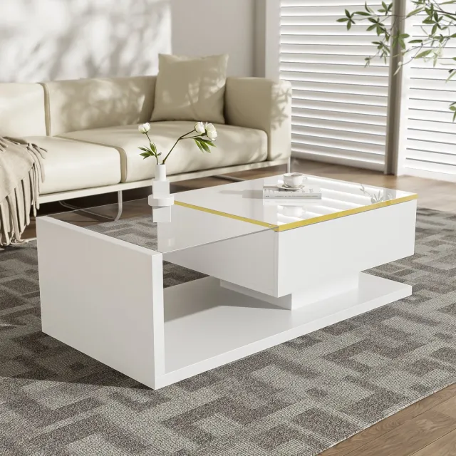FloraGrace Salontafel - Hoogglans Met Glas En Dimbare Ledverlichting - Voor Woonkamer - Spaanplaat - 100x50x32,5 Cm - Wit