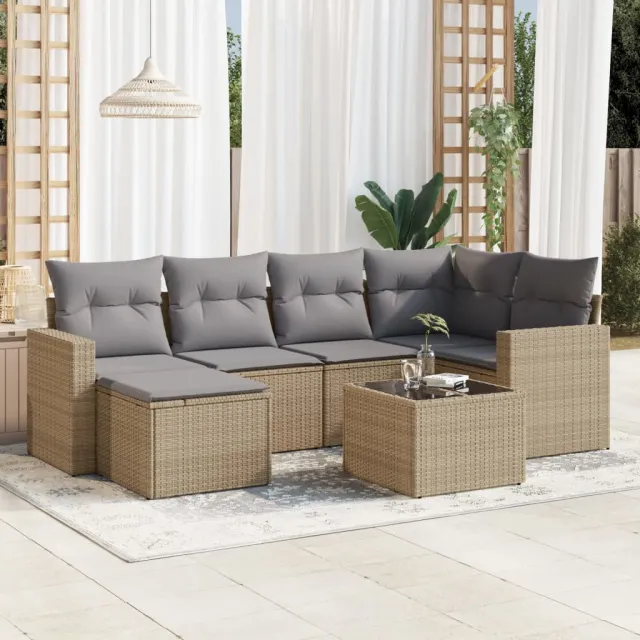 vidaXL 7-delige Loungeset met kussens poly rattan beige, foto 2
