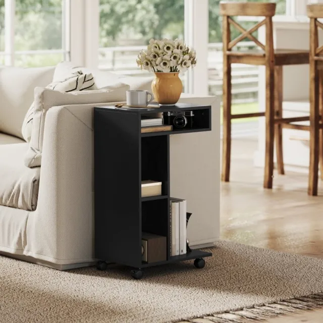MIVRAY Bijzettafel - C-Vormig Met Wielen En 3 Vakken - Ruimtebesparend Voor Bank En Bed - Spaanplaat - 40x30x69 Cm - Zwart