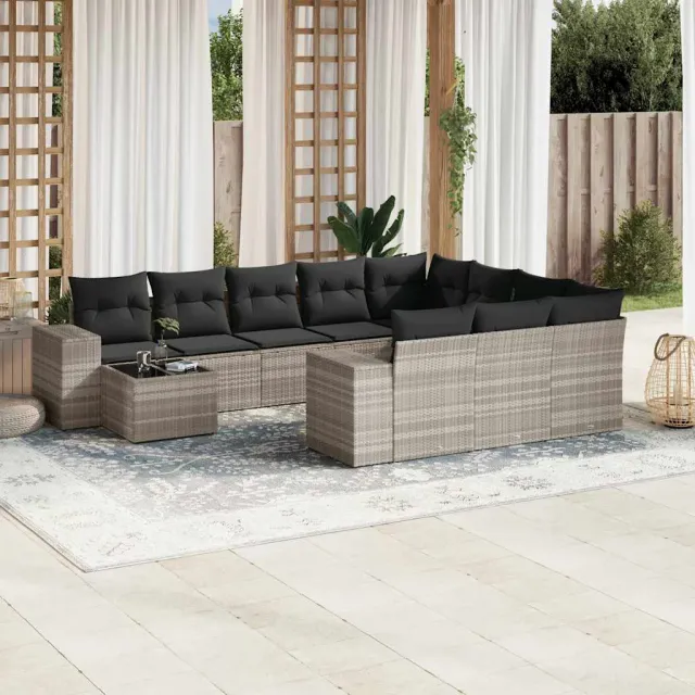 vidaXL 11-delige Loungeset met kussens poly rattan lichtgrijs