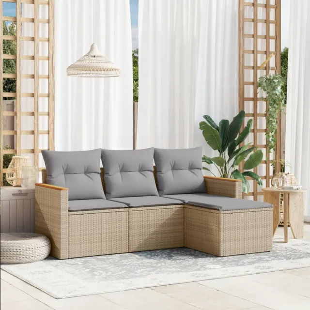 vidaXL 4-delige Loungeset met kussens poly rattan gemengd beige, foto 2