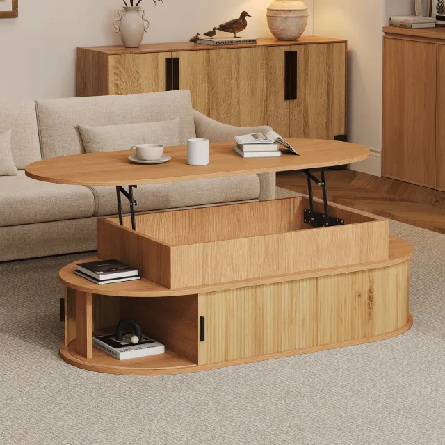PHOEBE CAT Salontafel - In hoogte verstelbaar tafelblad - Schuifdeuren - 100 × 50 × 40 cm - Natuurlijke