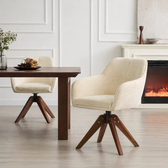 CHICFURN Eetkamerstoel - 360 graden draaibaar - 58 cm - Set van 2 - met armleuningen - eetkamer - stof en hout - crème en walnootkleur Walnootkleurig