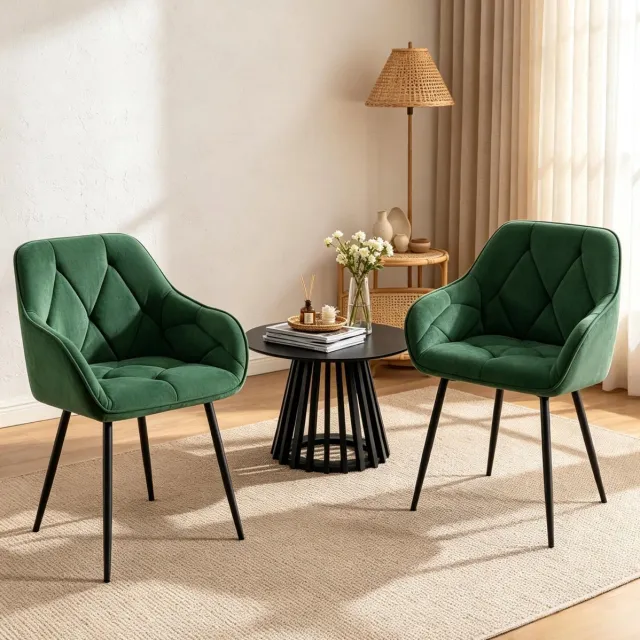 HAUSS SPOLE Eetkamerstoel Set Van 2 - Kuipstoel Met Armleuningen En Ergonomische Rugleuning - Voor Eetkamer, Woonkamer En Werkkamer - Velours - Donkergroen