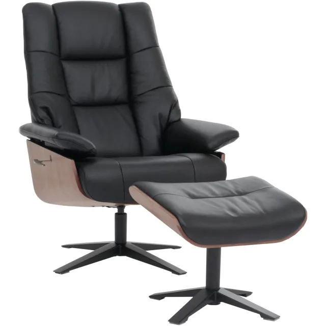 MCA relaxfauteuil + voetenbank MCW-N57, tv-fauteuil ligfauteuil, hout echt leer ~ zwart