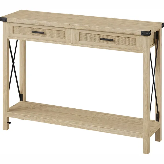 Happiq Farmhouse Consoletafel - Met Rattan Lades & Opbergruimte - Voor Hal & Woonkamer - Naturel/Bruin Brown