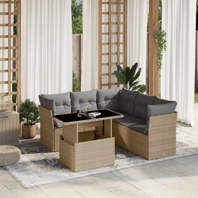 vidaXL 6-delige Loungeset met kussens poly rattan beige, foto 2