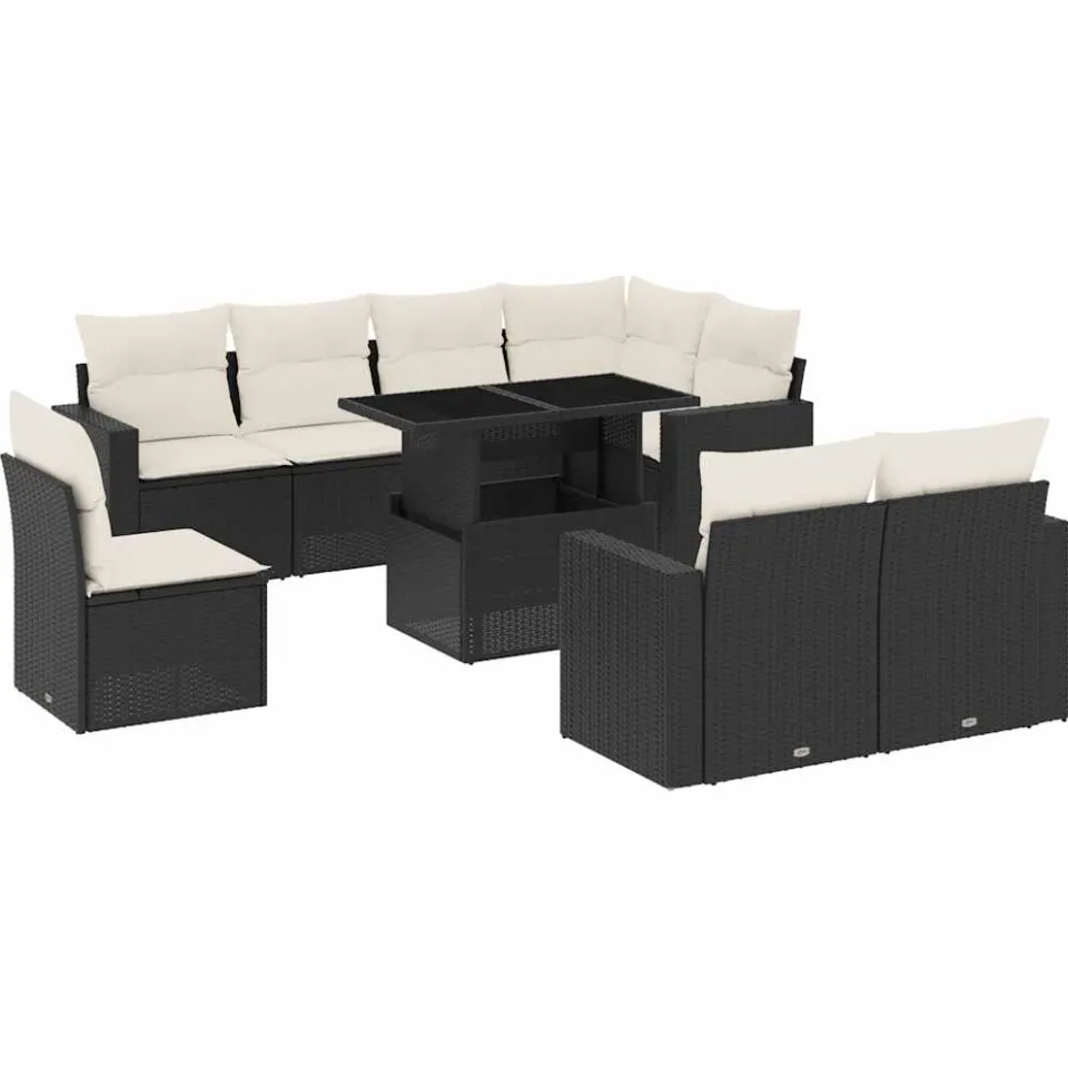 vidaXL 9-delige Loungeset met kussens poly rattan zwart