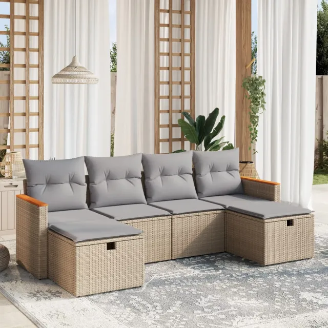 vidaXL 6-delige Loungeset met kussens poly rattan gemengd beige, foto 2