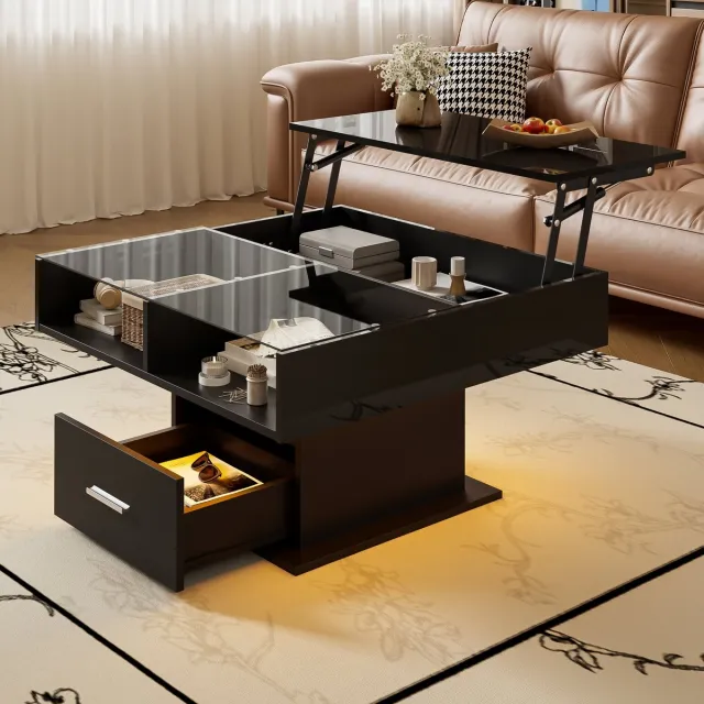 STILVORA Salontafels - Koffietafel Woonkamer Tafel Verstelbaar Met Lade En LED - 78x78x45,5/59,5 cm - Spaanplaat - Zwart