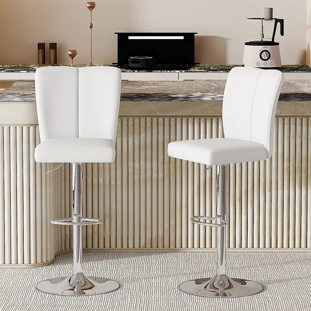 DantefHandels Verstelbare Barkrukken Set van 2, 360° Draaibaar, Wit PU-leer, Zilverkleurig Design, comfortabel zitcomfort, geschikt voor keuken, kookeiland, bartafel en bar, in hoogte verstelbaar, waterafstotend PU-leer wit+zilver