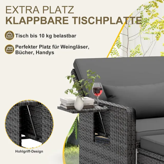 Laura Rotan Loungeset 3-in-1 met Opbergruimte en Verstelbare Rugleuning – 135 x 165 x 95 cm – Tuinbank met 2 Klaptafels, Gasveren, Kussens en Kruk – Weerbestendig – Grijs Gemêleerd – Laura Grijs gemêleerd met donkergrijze hoezen