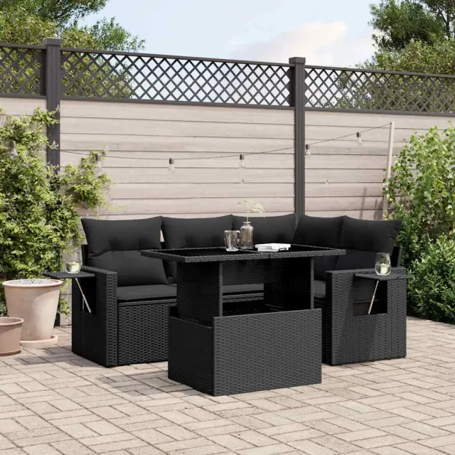 vidaXL 5-delige Loungeset met kussens poly rattan zwart, foto 2