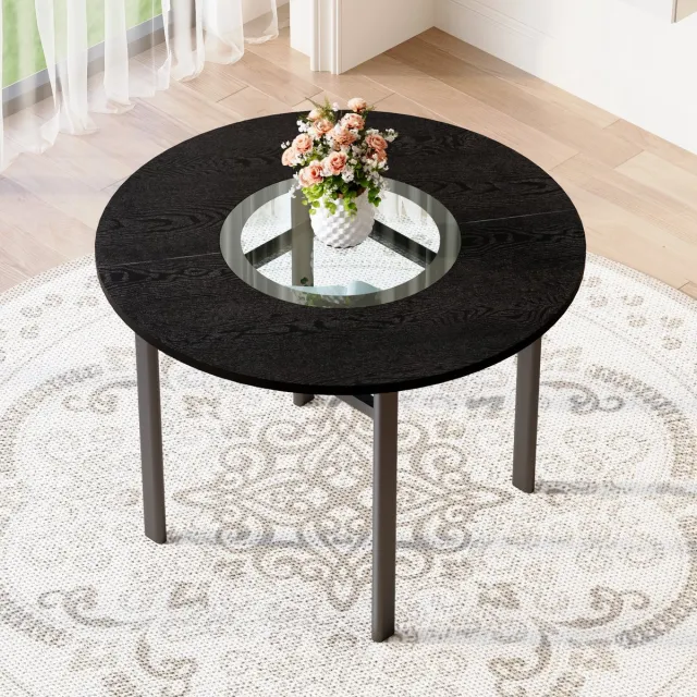 MIVRAY Eettafel - Rond Voor 2 Tot 4 Personen Met Glazen Inzet - Voor Eetkamer Of Open Keuken - Zwart Metaal En MDF - 100 Cm