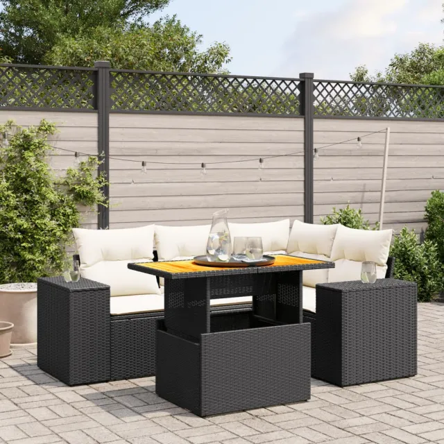 vidaXL 5-delige Loungeset met kussens poly rattan zwart, foto 2