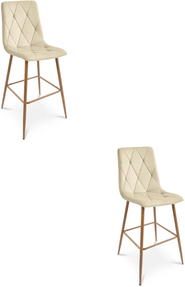 LEOBERT Set van 2 barkrukken LIBRA - Lichtbeige fluweel - Eikenlook metalen poten - Modern design